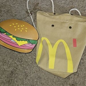 McDonald's Tan and Yellow Burger Purse with Drawstring Bag